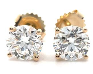 NEW! 3 Carat Diamond Round Solitaire Four-Prong Martini Stud Earrings in 14k Yellow Gold