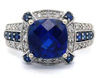 Halo 0.24 Carat Pavé Natural Diamond & Blue Sapphire Checkerboard Cut Estate Ring in 14k White Gold