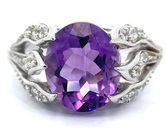 NEW! 3.68 Carat Oval Amethyst & White Topaz Flower Garden Ring