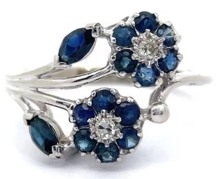 Blue Sapphire & Natural Diamond Flower Trellis Estate Ring in 14k White Gold