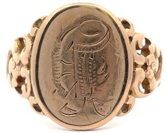 Vintage Engraved “F” Signet Ring with Open Scroll Shank in 14k Yellow Gold