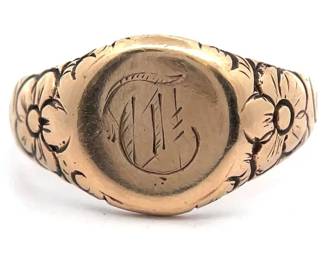 Initial "L" Signet Vintage Ring with Engraved Garden Flower Shank in 14k Yellow Gold