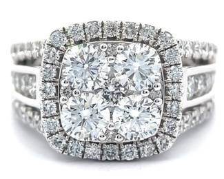 NEW! 3 Carat Diamond Four-Stone Cluster Cushion Halo Ring in 18k White Gold