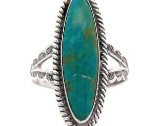 Elongated Navajo Turquoise Rope Bezel Ring with Textured Split Shank