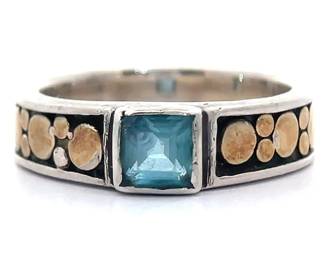 Blue Topaz Bezel Mosaic Two-Tone Vintage Ring with Antique Finish