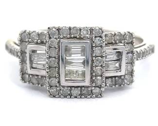 Round & Baguette Natural Diamond Geometric Halo Ring in White Gold