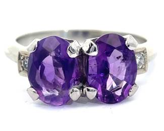 Two-Stone Oval Amethyst & Natural Diamond Ring in 14k White Gold