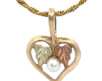 Black Hills Gold Pearl Heart Halo Pendant Necklace in Tri-Color Gold