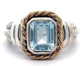 Blue Topaz Twisted Rope Bezel Textured Ring in Two-Ton