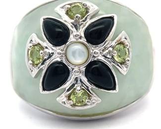 Jade, Onyx & Green Topaz Green Flower Ring