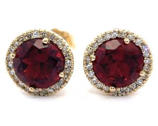 NEW! Round Garnet & Natural Diamond Halo Stud Earrings in 14k Yellow Gold