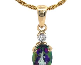 Oval Mystic Topaz & Natural Diamond Two-Stone Pendant Necklace in 14k Yellow Gold