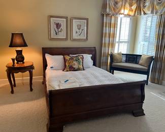 Queen sleigh bed, settee, side table, lamp, artwork