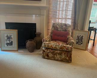 Chair, artwork, decorative pieces
