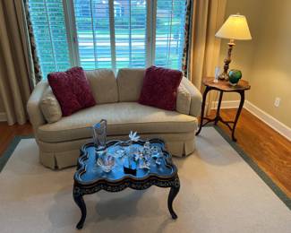 Loveseat, envelope table, painted coffee table, art glass