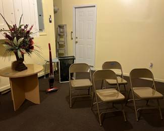 4 folding chairs, cordless vac, misc