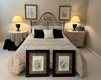 Queen metal bed, side tables, artwork