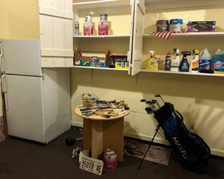 Golf clubs, refrigerator, misc garage