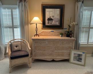 Wicker dresser, chair, misc