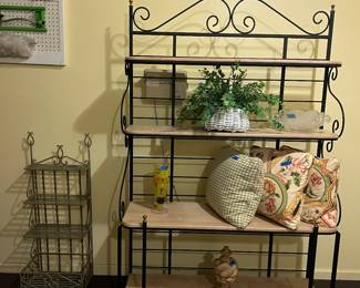 Baker’s rack, hanging shelves, misc