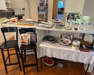 Barstools, crystal, serving pieces, trays