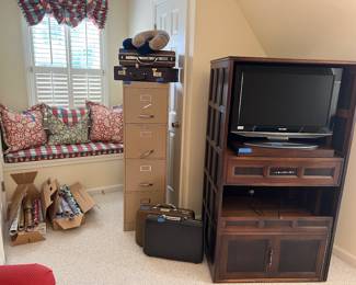 Pillows, handmade tv cabinet, misc office