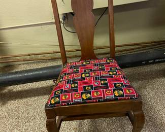 Upcycled vintage oak chair,
Blackhawks print cushion