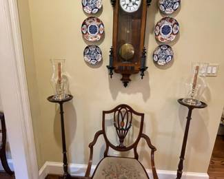 Antique Vienna Regulator, Ethan Allen fernstands and 19th century Hepplewhite style inlaid armchair