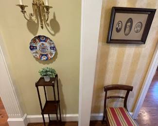 pair of 19th Century English Regency chairs and pair of Ethan Allen plant stands