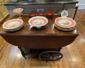 C. 1830's Davenport dessert set with handpainted landscape, antique Mahogany bar cart!
