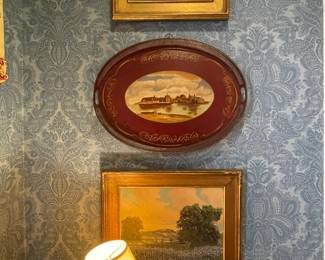 2 antique oil paintings of Texas Bluebonnets by listed artists and 19th Century French Tole painting