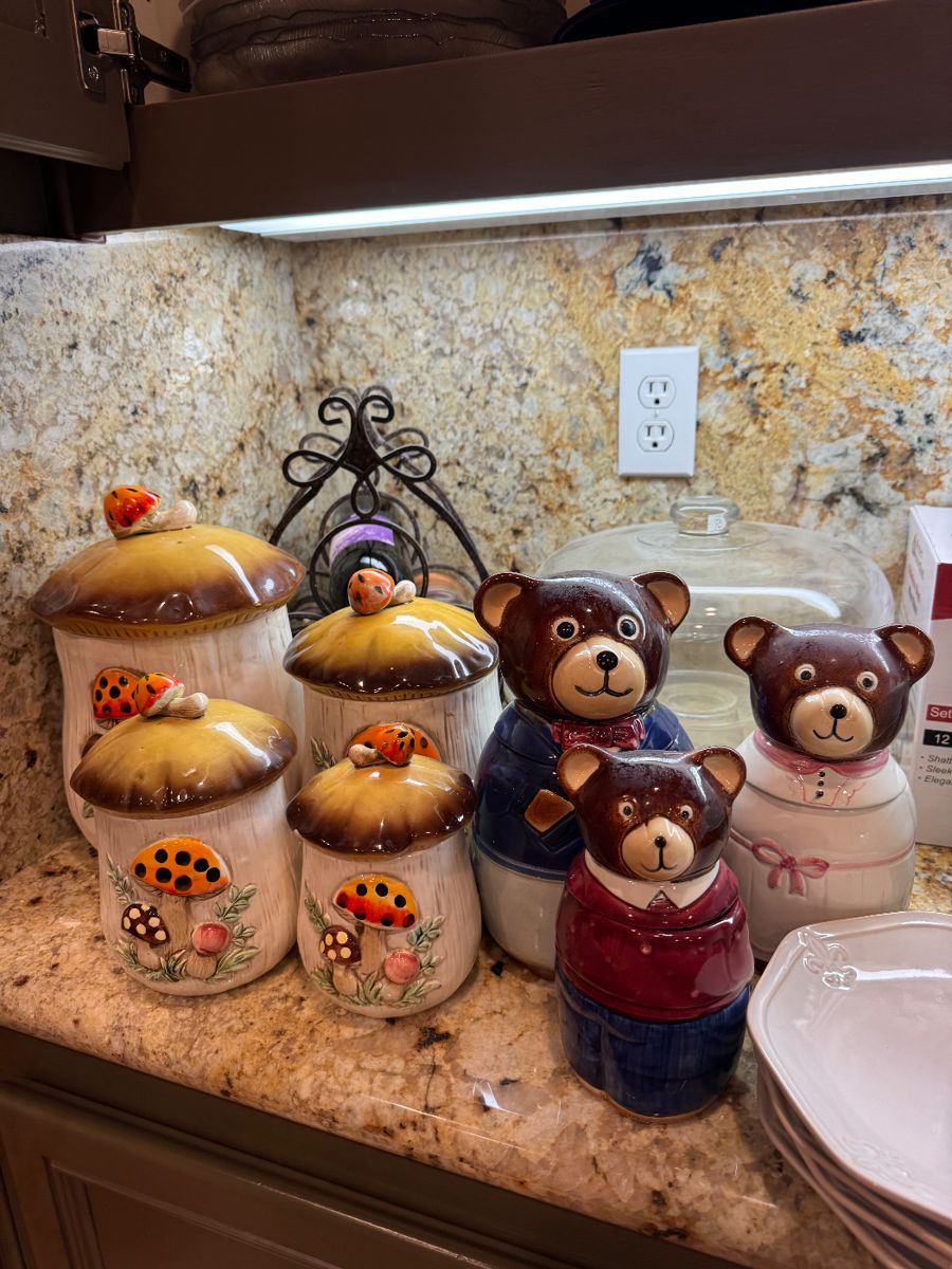 Vintage test bear canister set, merry mushroom canister set