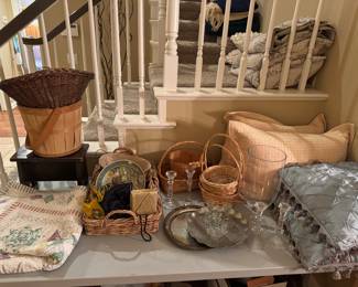 Silver plate, quilts, pillows, wicker baskets, decorative plates, crystal candle holders, vases