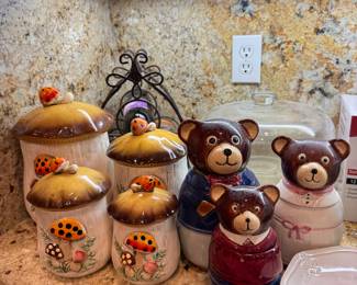 Vintage test bear canister set, merry mushroom canister set