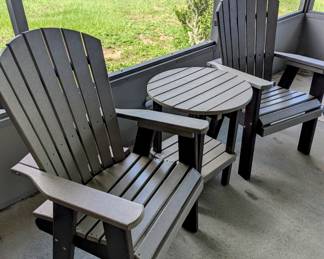 Poly-Resin Composite Adirondack style chairs and table - $700. MINT Condition - with cushions (not shown).