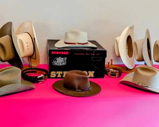 LOTS of STETSON Hats - Size 6 7/8 - One SERRATTI Hat and leather belts with cool buckles!