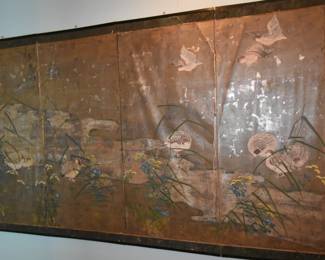 Large Asian Silk Screen with brass accents on the sides