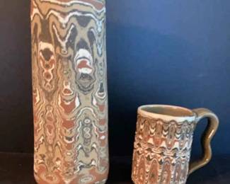 Byron Steely Signed Monk King Bird Pottery Vase Mug