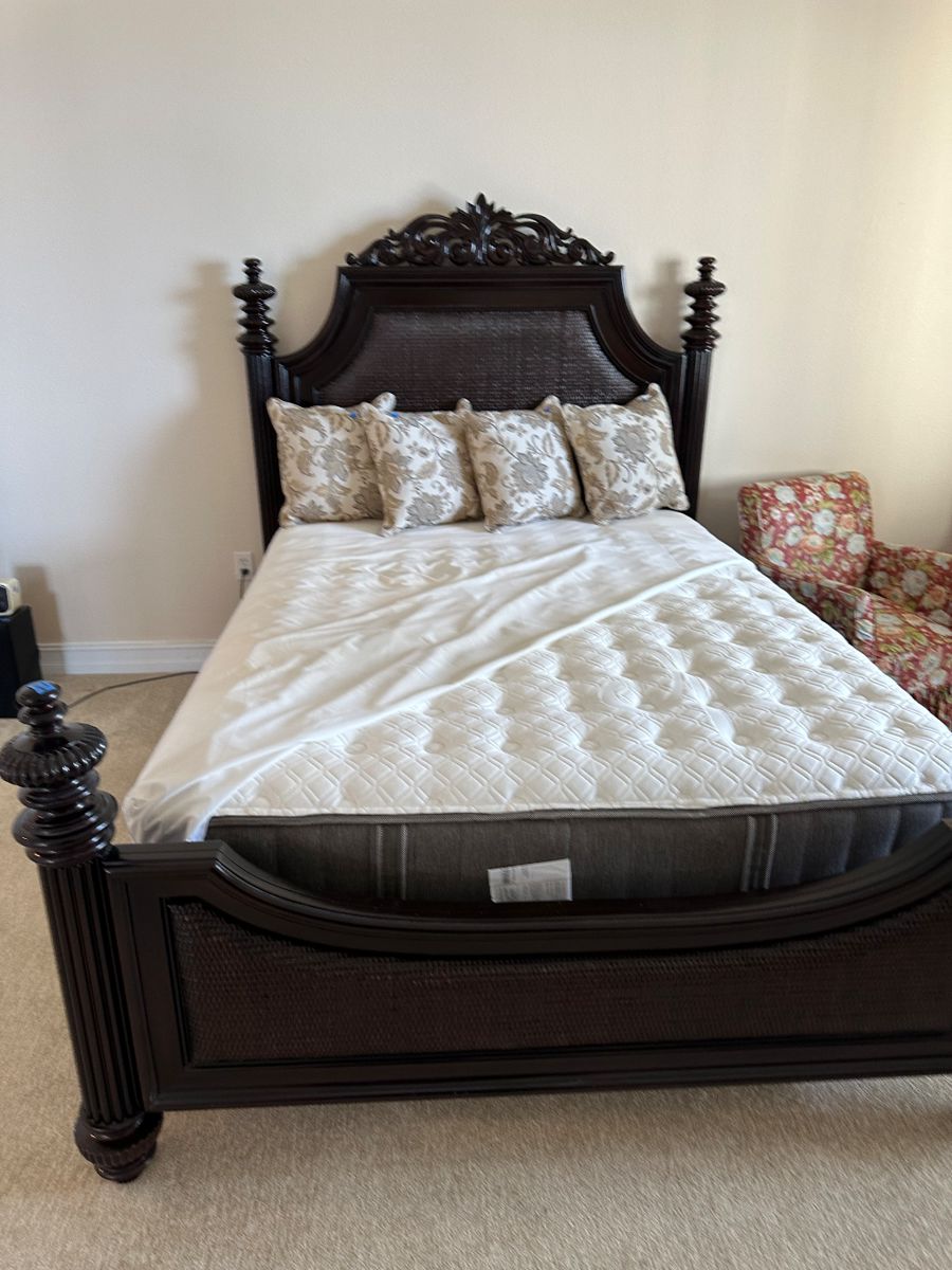 Tommy Bahama Queen Bed with Sealy Hybrid Mattress. 1 year old 