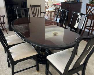 Henredon burled walnut and lacquer “Scene Three” pedestal table 6 chairs & leaf