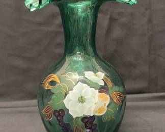 Fenton Art Glass Handpainted Green Vase