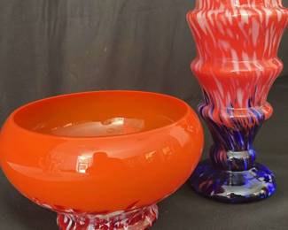 Czech Splatter Glass Vase And Bowl