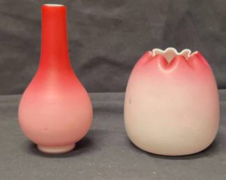 Victorian Pink Satin Glass Rose Bowl and Vase