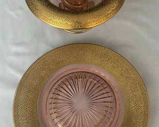 Pink Depression Glass With Gold Set