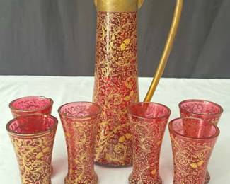 Bohemian Glass Pitcher And Six Glasses