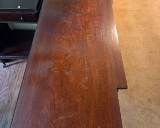 #114	Wood Cabinet w/drop down front drawer that pulls out w/2 wire doors & 2 shelves (as is finish top) & 3 drawers - 57.5x17.5x33	 $75.00 
