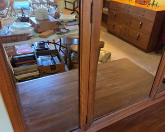 #141	Wood Vanity w/triple Mirror 1 drawers w/chair (has missing back spindle) - 36x20x30.5 Vanity	 $65.00 
