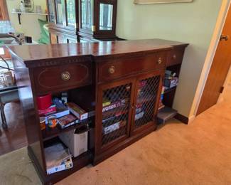 #114	Wood Cabinet w/drop down front drawer that pulls out w/2 wire doors & 2 shelves (as is finish top) & 3 drawers - 57.5x17.5x33	 $75.00 
