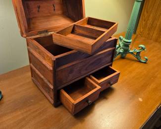#133	Wooden Jewelry Box w/flip-up top w/tray & 2 drawers - 11x6.5x20	 $25.00 
