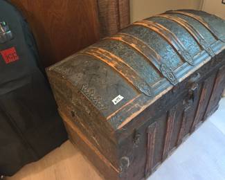 #172	Vintage Camel Back Trunk (no Tray, broken leather side handles missing) Carved (as is condition)- 34x19x29	 $75.00 

